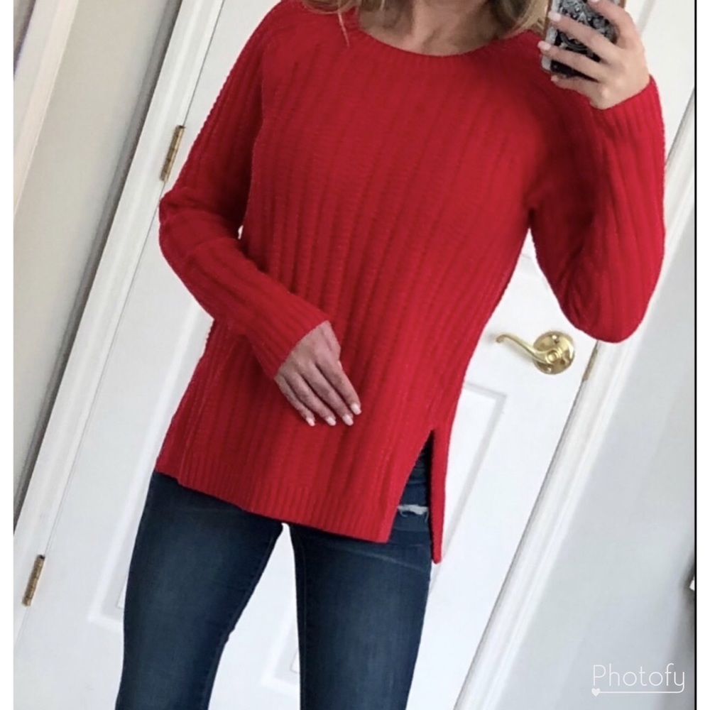 GAP Cherry Red Knit Sweater, Split Hem Crew Neck